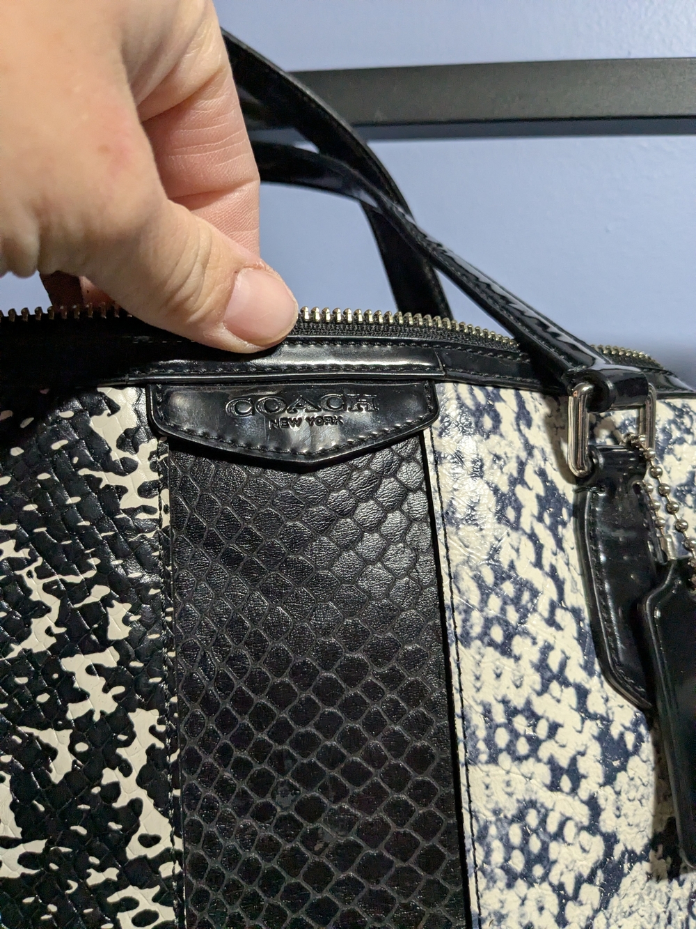 Coach Black & White Snake-Print Leather Tote